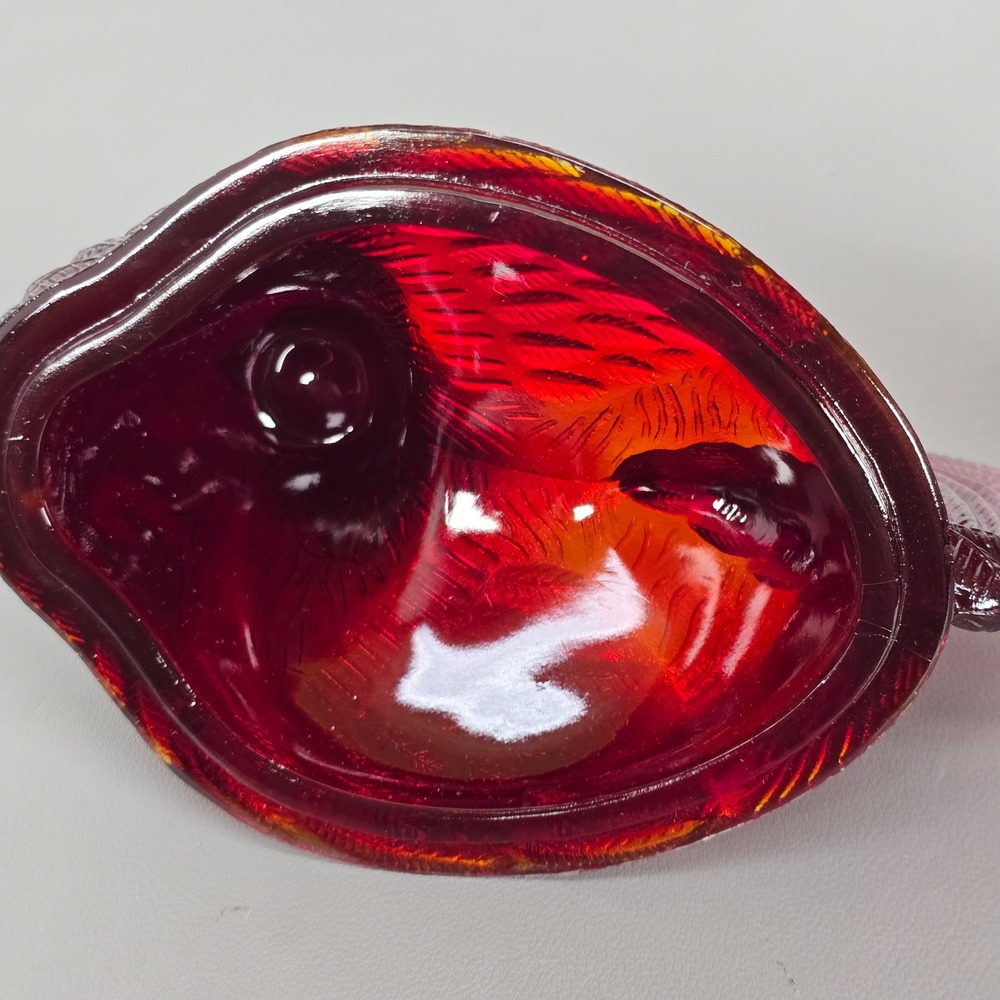 Vintage Ruby Red Slag Glass Rooster Candy Dish Pedestal Covered Compote 2pc - Picture 4 of 14